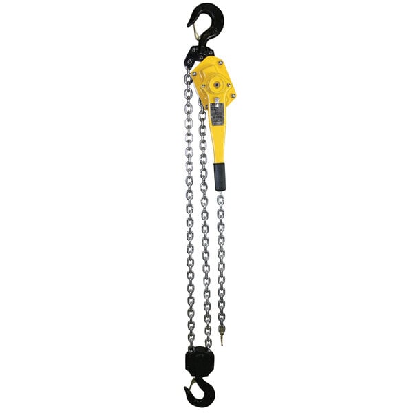 An OZ Lifting yellow chain hoist with a yellow chain and hook.