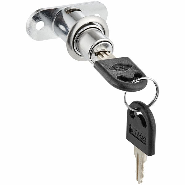 A Regency key lock with two keys attached inserted into a keyhole.