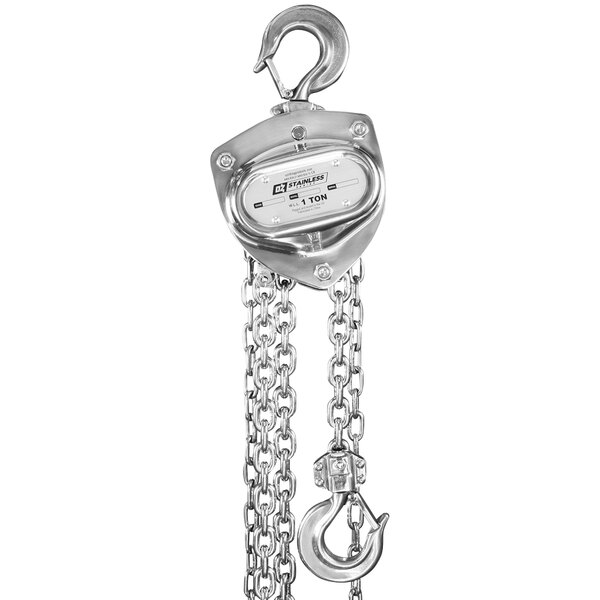 An OZ Lifting stainless steel chain hoist with a metal hook attached to the chain.