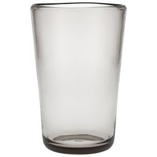 A clear Fortessa Tritan plastic highball glass with a black rim on a white background.