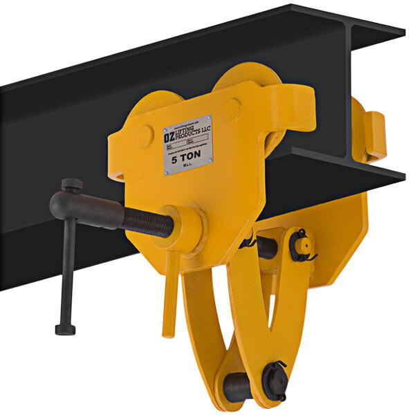 A yellow and black OZ Lifting Products trolley with a black metal hook.