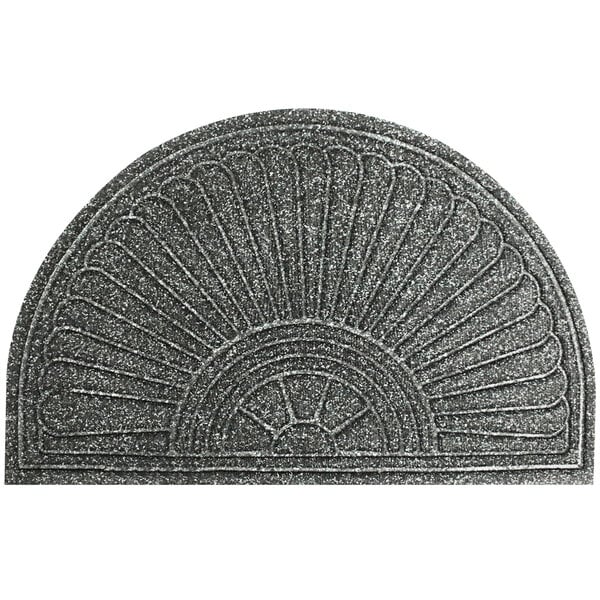 A grey WaterHog doormat with a fan-shaped design.