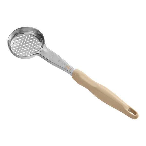 A close-up of a Vollrath ivory perforated round Spoodle spoon.
