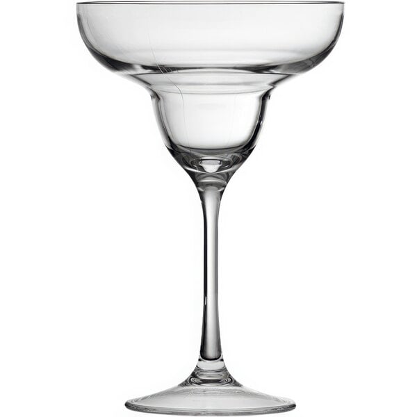 A Fortessa clear Tritan plastic margarita glass with a stem and rim.