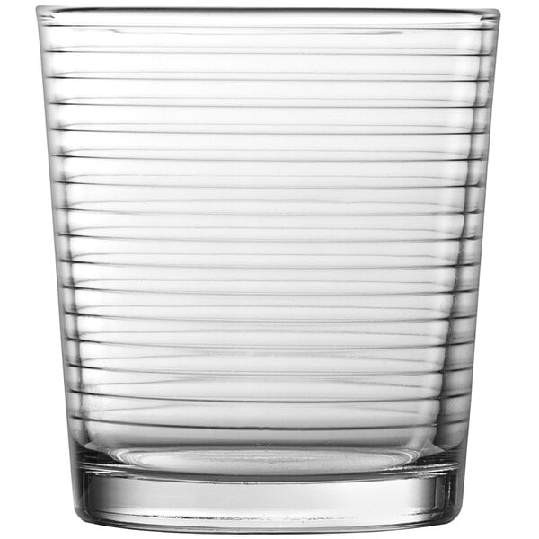 A clear glass with a striped pattern.