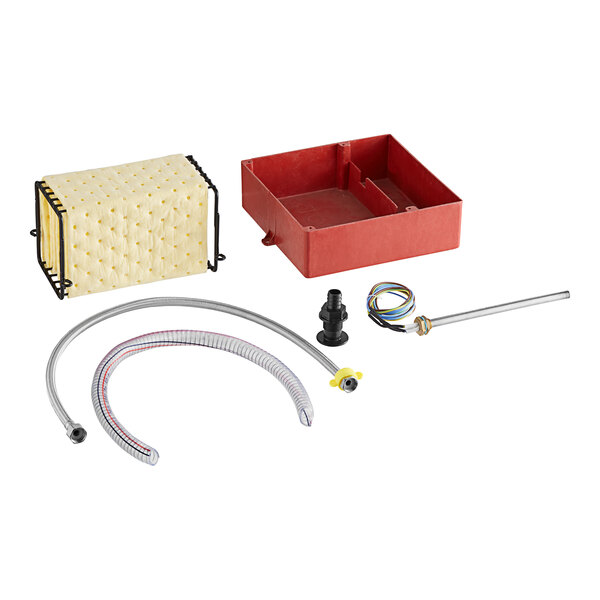 A red plastic box with hoses and parts inside.