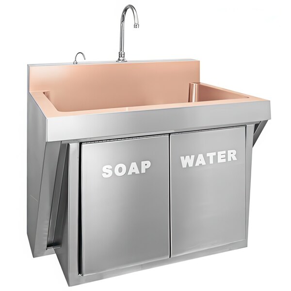 A copper wall-hung Just Manufacturing scrub sink with a knee operated faucet and soap valve.