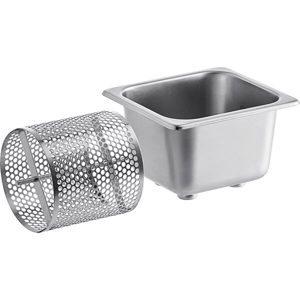 A stainless steel butter spreader with a mesh basket.