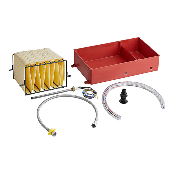 An Avantco drain and heater assembly kit in a red box with hose and hose fittings.