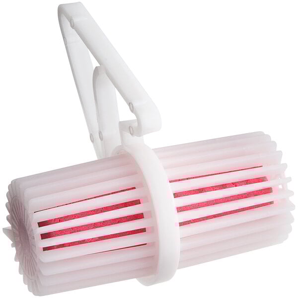 A white and red plastic Lavex toilet rim cage with a handle and a pink top.