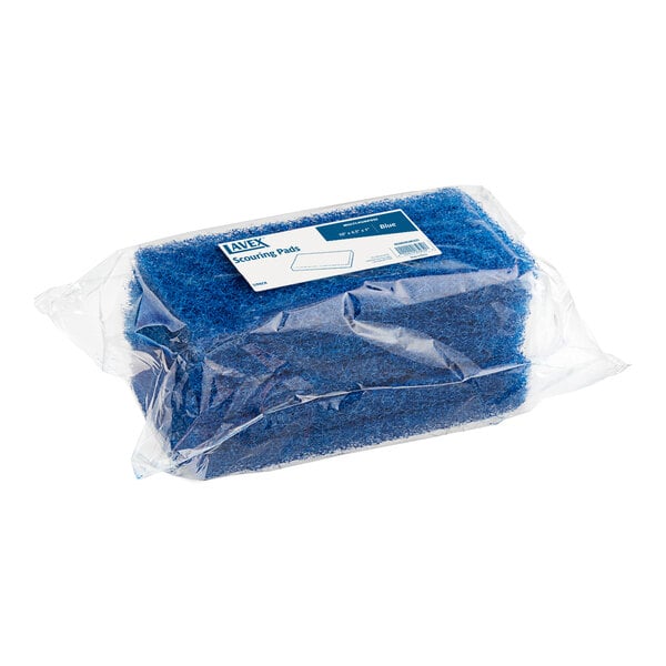A blue Lavex scouring pad in a plastic bag.
