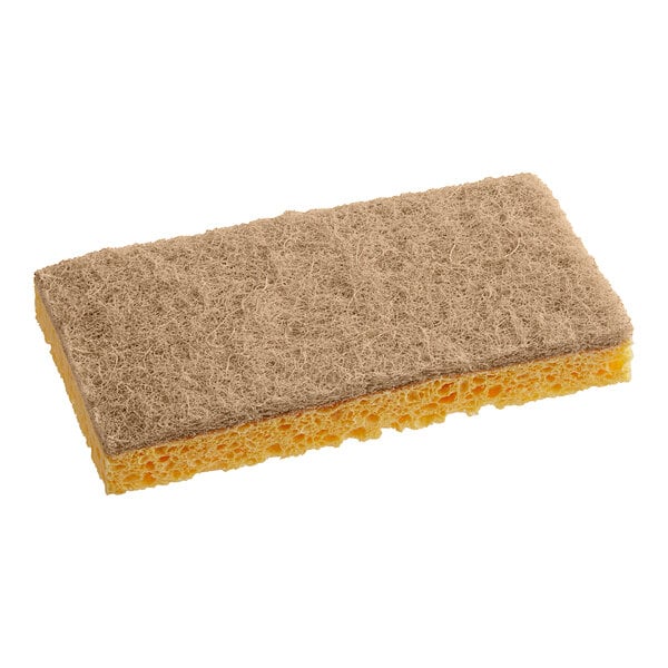 A yellow Lavex sponge with brown sisal fibers.