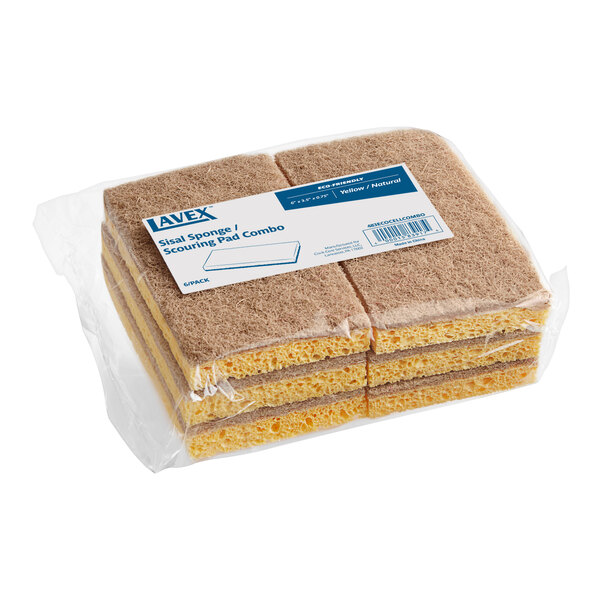A plastic package of Lavex Eco Yellow Sisal sponges.
