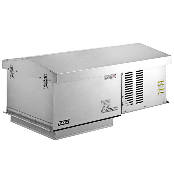 A silver rectangular Turbo Air outdoor refrigeration unit with a metal cover over a vent.