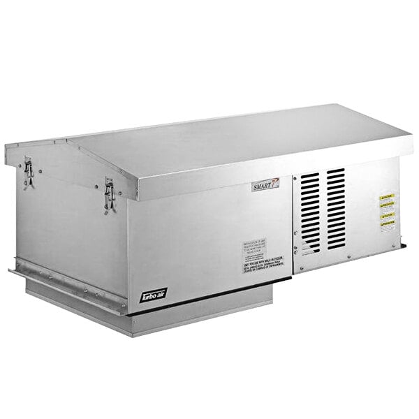 A silver rectangular Turbo Air self-contained refrigeration package with an open door.