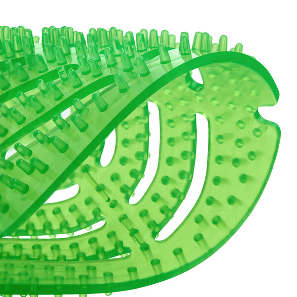 A green plastic urinal screen with many small spikes.