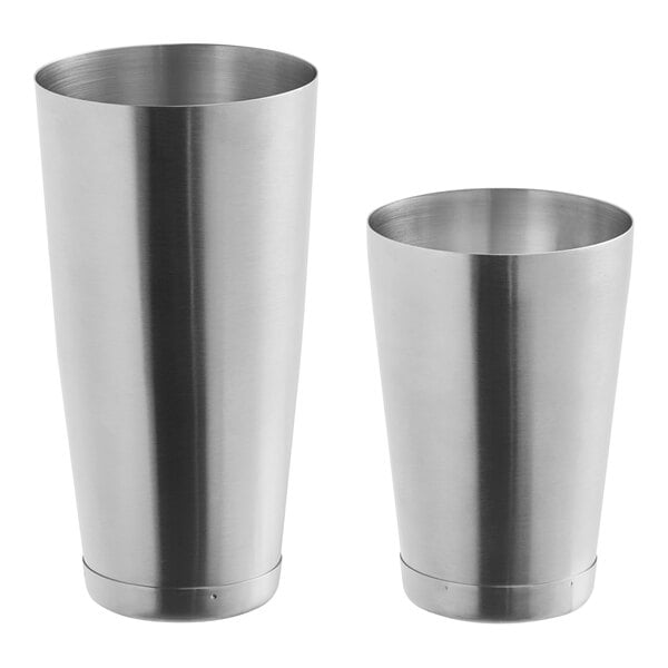 A close-up of two stainless steel Boston shaker cups.
