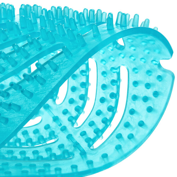 A close-up of a blue Lavex Ocean Breeze Scent deodorized gel urinal screen.