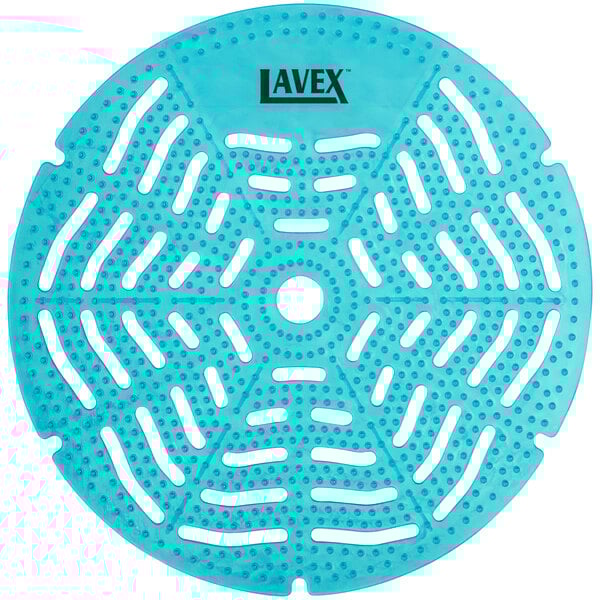 A white circle in a blue square with a blue circular Lavex Ocean Breeze Scent Deodorized Gel Urinal Screen with holes in it.