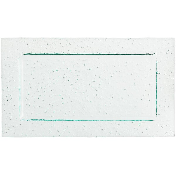 An American Metalcraft green glass rectangular platter on a white surface.