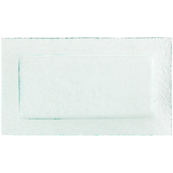 An American Metalcraft green glass rectangular platter with a blue border.