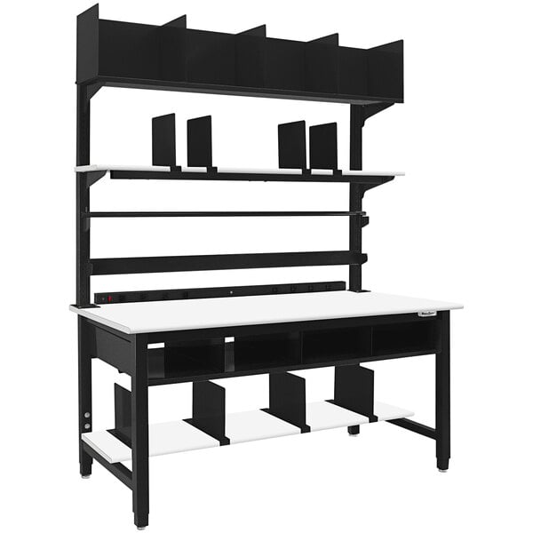 A black and white BenchPro packaging table with shelves and a round front edge.
