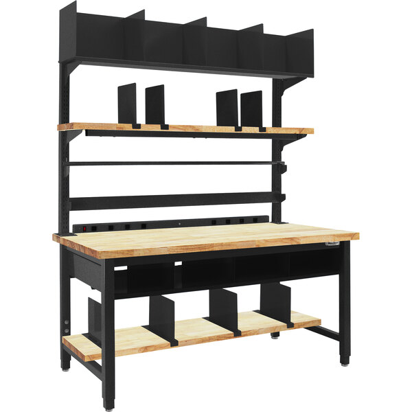 A black and wood workbench with a shelf.