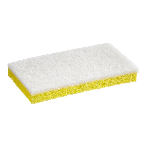 A white and yellow Lavex sponge with yellow and white foam on top.