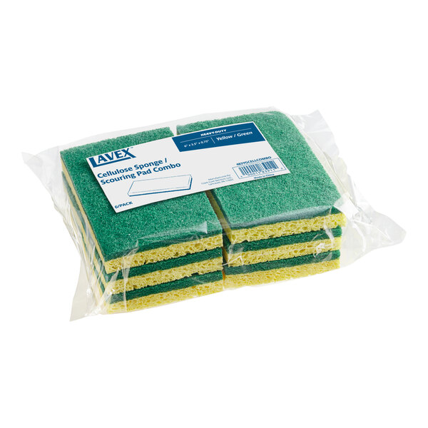 A pack of yellow and green sponges.