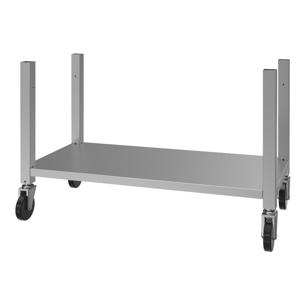 A stainless steel equipment stand with an undershelf and casters designed for supporting griddles.