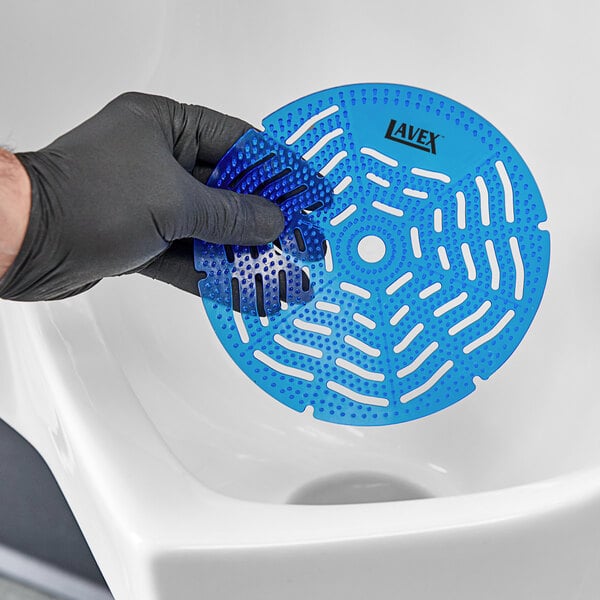 A hand in a black glove holding a blue Lavex urinal screen.