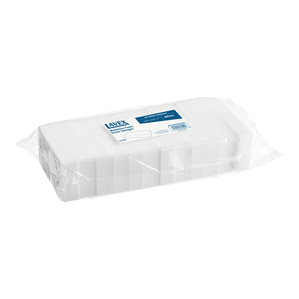 A plastic bag with a white label containing a pack of white Lavex eraser sponges.