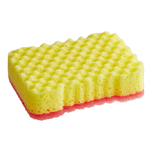 A Lavex yellow sponge with red scouring pad on one side.