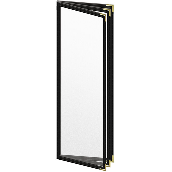 A black rectangular menu cover with gold smooth corners and trim on a white background.