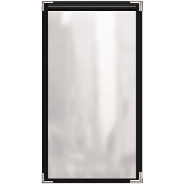 A rectangular black vinyl menu cover with silver corners and a glossy finish.