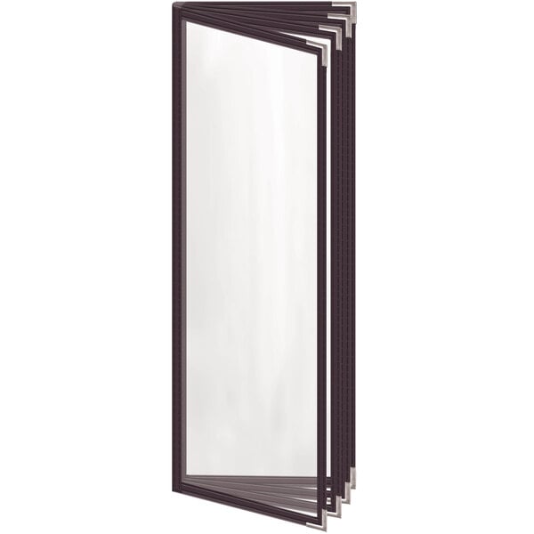 A brown rectangular menu cover with silver smooth corners and a glossy finish.