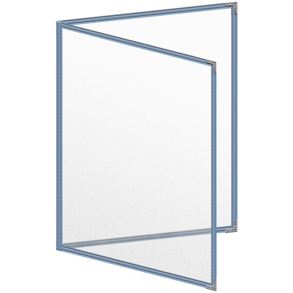 A white menu cover with a blue and gold decorative frame.