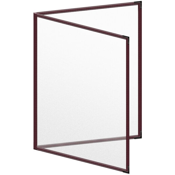 A maroon menu cover with black corners and a matte finish with a red border.