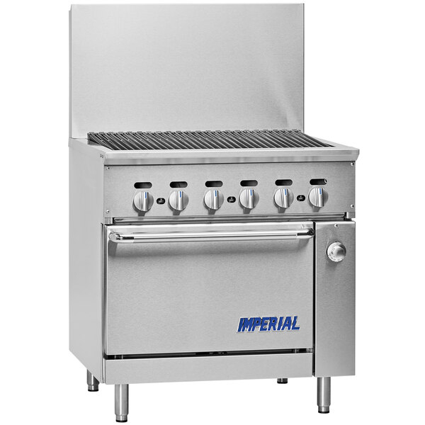 A stainless steel Imperial 6-burner gas range with knobs.