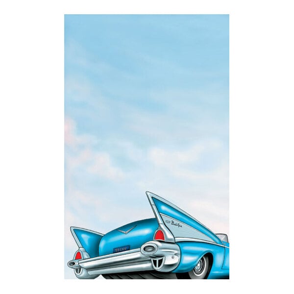 An illustration of the rear end of a classic blue car with prominent tailfins against a sky background, occupying the lower portion of the image.
