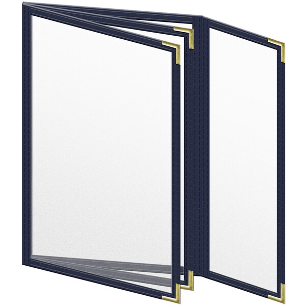 A blue H. Risch, Inc. menu cover with gold corners and a matte finish.