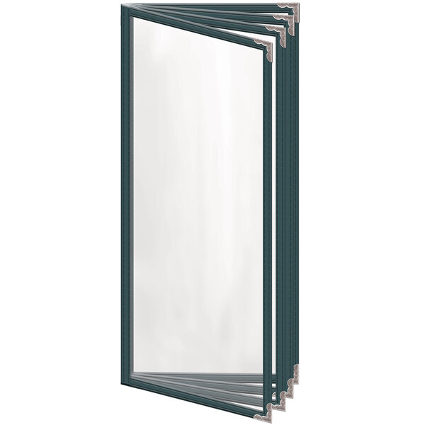 A rectangular green menu cover with silver decorative corners.