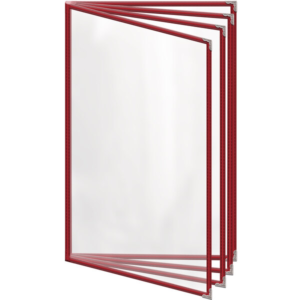 A red rectangular menu cover with silver decorative corners.