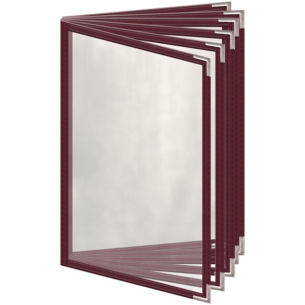 A group of maroon H. Risch, Inc. vinyl menu covers with silver smooth corners and a gloss finish.
