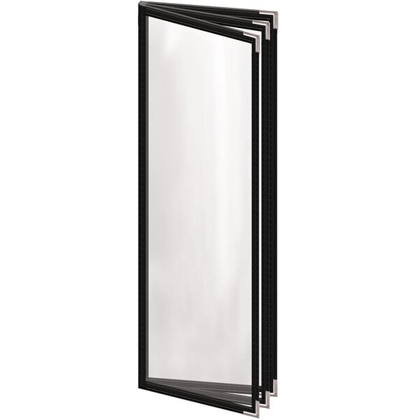 A black rectangular H. Risch, Inc. menu cover with silver corners on a white background.