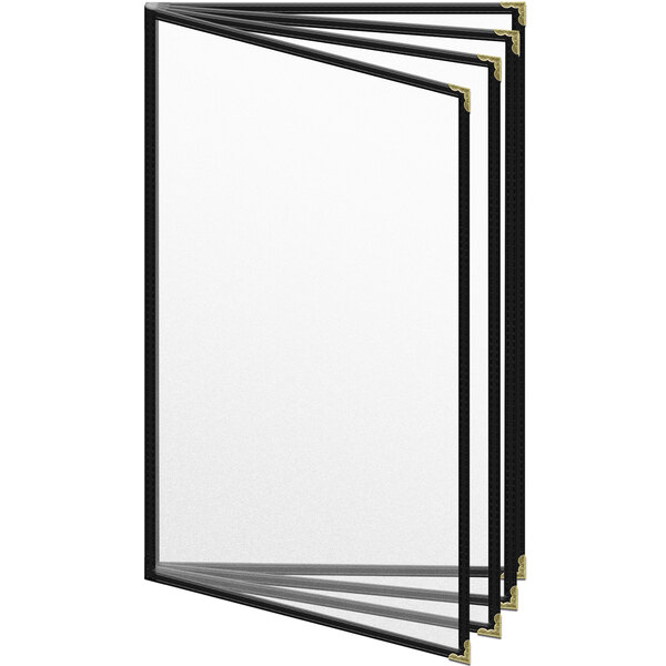 A group of black and gold menus in a black TEDD menu cover with gold decorative corners.