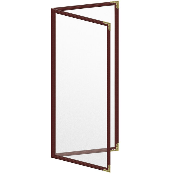 A maroon menu cover with gold decorative corners.