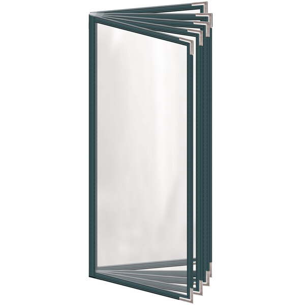 A green H. Risch, Inc. vinyl menu cover with silver smooth corners and a glossy finish.