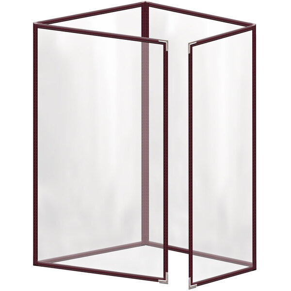 A maroon rectangular vinyl menu cover with silver smooth corners and a gloss finish.