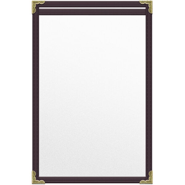 A white menu cover with gold decorative corners.